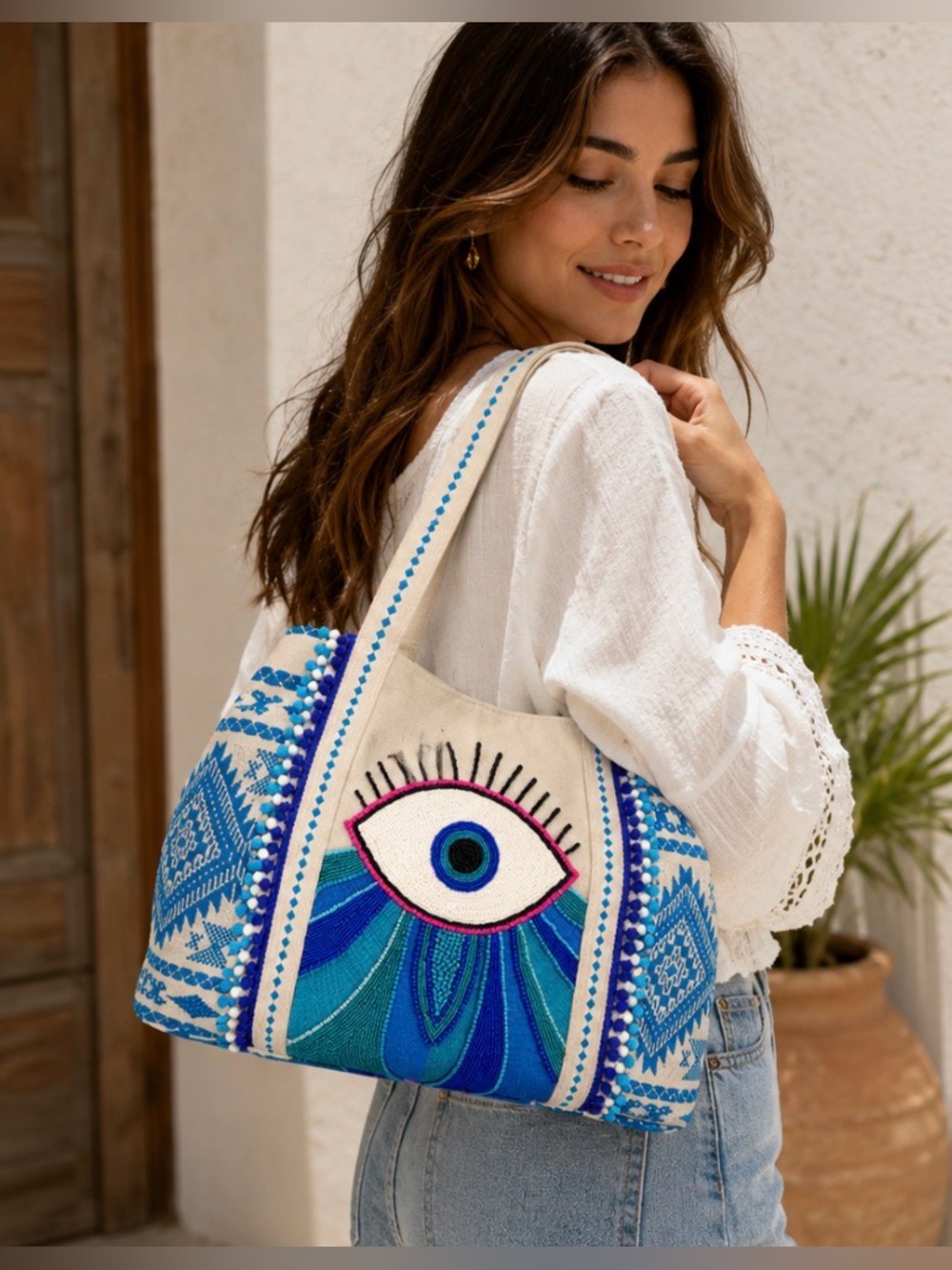 America & Beyond Wanderlust Evil Eye Tote Bag Embellished Boho Beach Y2K NEW